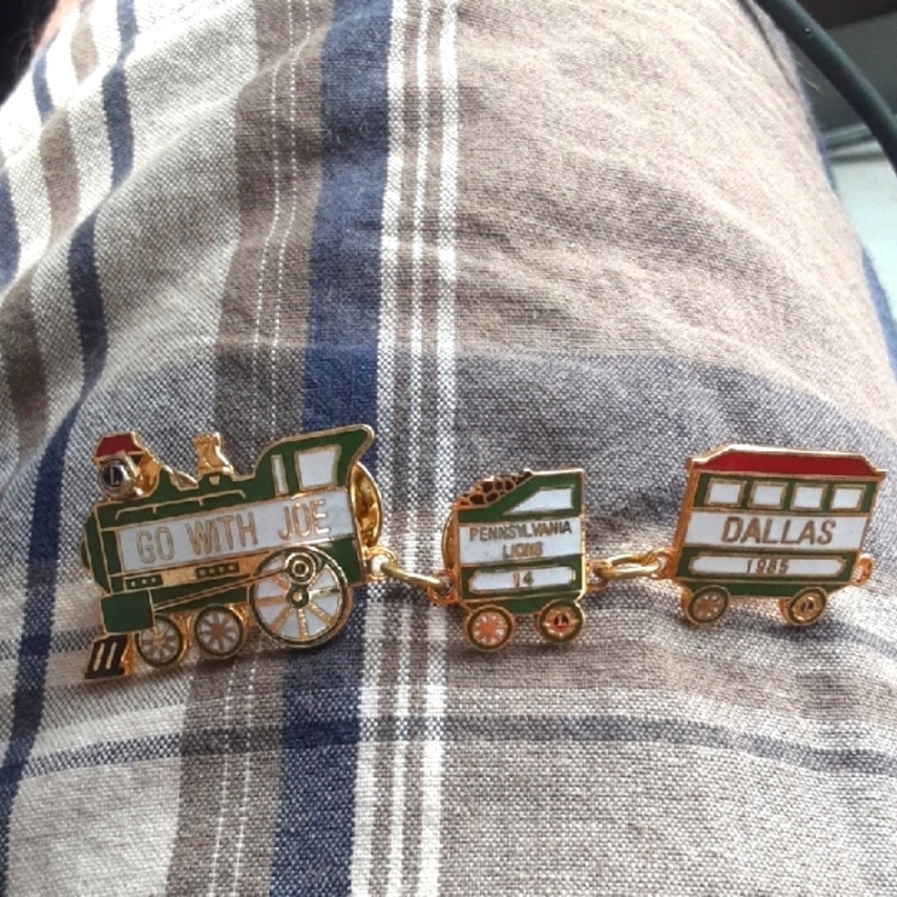 Vintage Train Brooch with Green and Gold Tone Accents, Loins Club